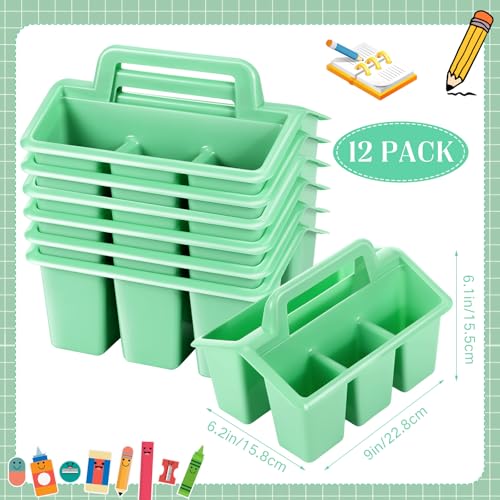 Image of WILLBOND 12 Pcs Classroom Storage Caddies Stackable Utility Caddies with 4 Compartment Plastic Caddy with Handle Portable Storage Bins Organizers for Kids Schools Art Craft Supplies(Green)