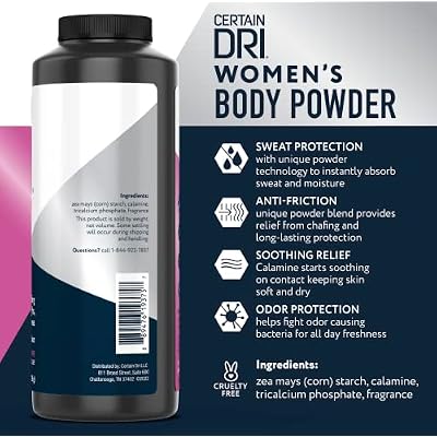 Certain Dri Womens Body Powder - Talc-Free - Triple-Action Sweat, Odor, Moisture Control - Anti-Chafing Calamine Formula - Doctor-Recommended for Sensitive Skin - 8 oz