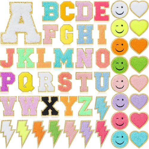 Yilloog 50 Pcs Chenille Patches Self Adhesive Stick on ABC Smile Heart