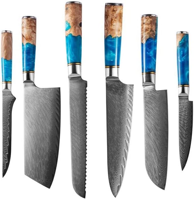 Juego de cuchillos de cocina, 6 piezas de cuchillo de cocina profesional de acero de Damasco Japón VG10 resina azul y mango de madera de color