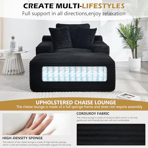 67\" Oversized Chaise Lounge Chair, Modern Corduroy Cloud Couch with 3 Pillows, Deep Seat Boneless Sofa for Living Room, Reading Nap Chair, No Assembly Required, Machine Washable Cover (Black) - Thumbnail 5