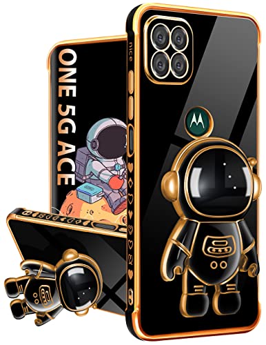 Buleens For Motorola One 5G Ace Phone Case With Astronaut Stand, Women Girls Motorola One 5G Ace Cases, Girly Cute 6D Outer Space Heart Pattern Phone Cover For Moto One 5G Ace 2021 6.7'' Black #TOP23