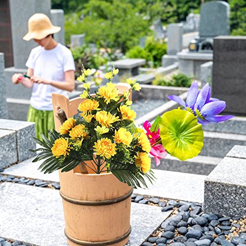 Firlar White And Yellow Artificial Chrysanthemum Cemetery Flowers, 27.6 Inch Fake Flower Branches With Green Leaves Grave Decorations Silks Chrysanthemum Bouquet For Outdoor Grave #TOP6