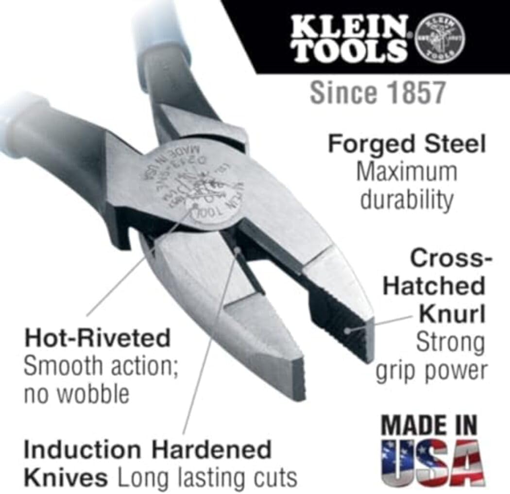 Klein Tools HD213-9NE Lineman's Pliers, Made in USA, Heavy Duty Pliers with High Leverage Design, Heavy Duty Comfortable Handles and Knurled Jaws, 9-Inch