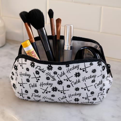 Sportybella Field Hockey Makeup Bag – Waterproof Travel Toiletry & Cosmetic Pouch for Players, Coaches & Fans – Field Hockey Stick Design, Great Gift for Women & Girls (Black/White)