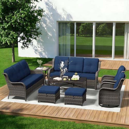 Image of 8 Piece Outdoor Wicker Patio Furniture Set, Outdoor Swivel Rocker Patio Chairs Set with Thickened Olefin Cushions, High Back and Deep Seating, Hand-Woven PE Rattan for Porch, Deck