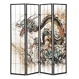 Athena Collection 4 Panel Room Dividers, Asian Dragon Pattern Folding Privacyscreen, 5.9ft Portable Oriental Partition Room Divider, Freestanding Wood Bedroom Office Room Separation Wall, Black