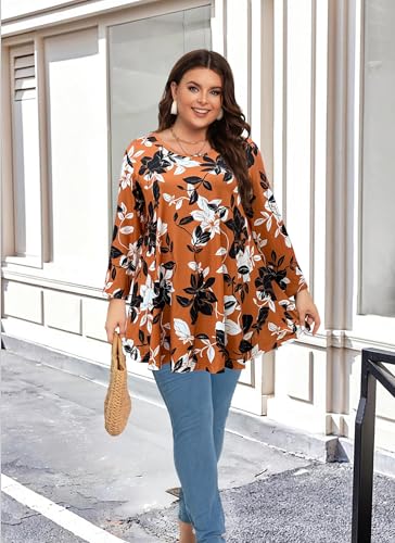 Womens Tunic 3/4 Sleeve Plus Size Tops Crew Neck Swing Flowy Loose Fit T-Shirt Blouses to Wear with Leggings3