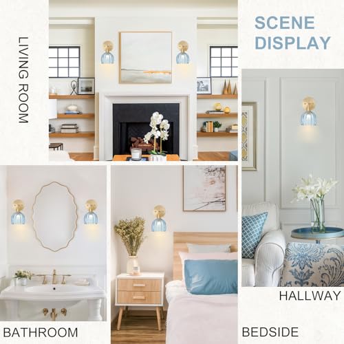 Image of Hardwired Wall Sconce Light, Vintage Wall Sconce with Switch, Gold Wall Light Fixture with Tulip Denim Blue Glass Lampshade, Indoor Wall Light for Bedroom Bathroom, Bedside Wall Lamp