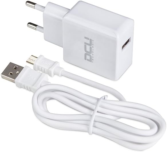 DCU TECNOLOGIC | Cargador USB | 5V 2.4A | Conexión Micro USB | Cable Micro USB 1m | Compatible con Smartphone (Blanco)
