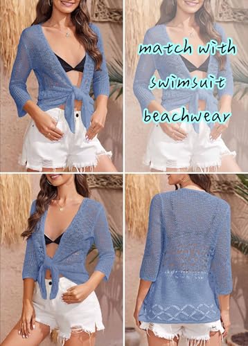 Image of Nulibenna Womens Sheer Shrug Sweaters 3 /4 Sleeve Open Front Tie Cardigan Bolero Jacket Lightweight Crochet Knit Cover Up Tops