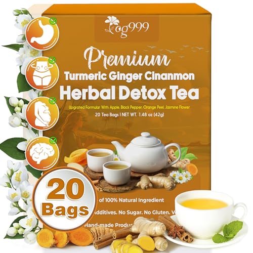 Image of TOG999, 20 Tea Bags of Ginger, Turmeric and Cinnamon, 100% Natural, Hand-made Blend of Ginger, Turmeric, Cinnamon, Orange Peel, Black Pepper, Hawthorn Berry and Jasmine. No Sugar, No Caffeine, No Gluten, Vegan.
