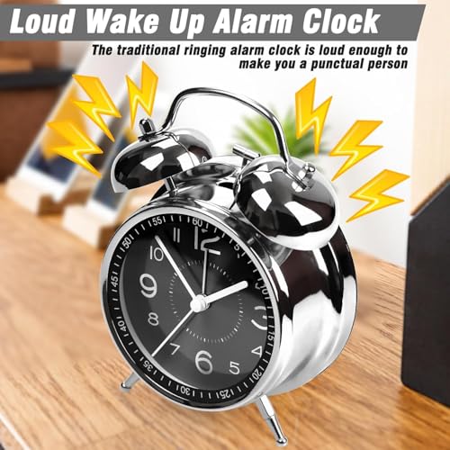 Image of RUCON Table Analog Clock 4.5 Inches Alarm Super Loud for Heavy Sleepers Retro Twin Bell Metal Frame Clock with Night Backlight Function Bedside Alarm for Bedroom /Office (Black Silver)