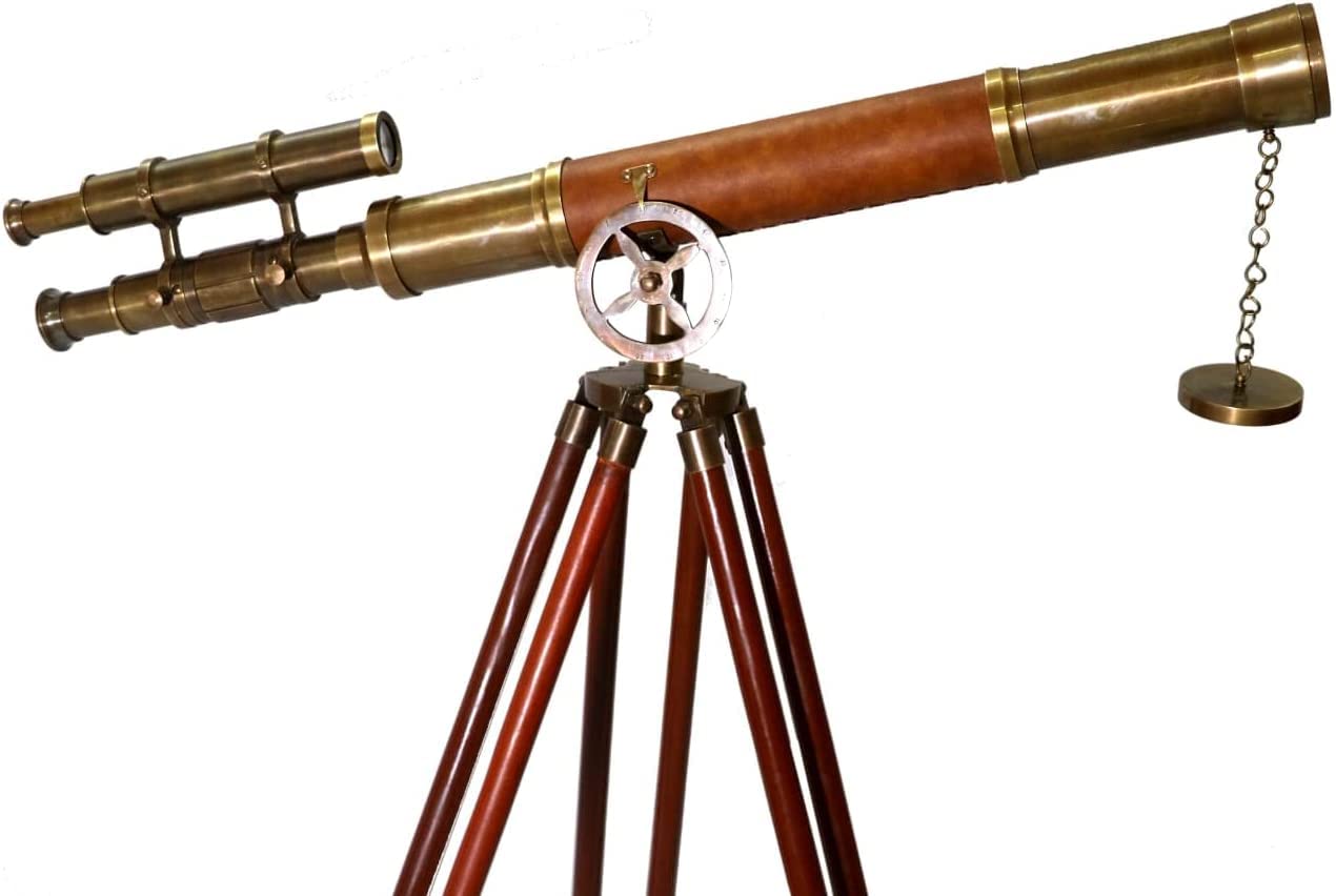 Antique Nautical Designer Double Barrel Telescope Brown Leather Wooden Tripod Floor Standing Telescopic - Navirock