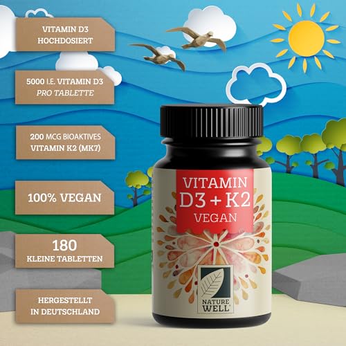 Vitamin D3 K2 VEGAN - 180 Tabletten mit 5000 IE D3 + 200 mcg K2 - Vitamin D3 (RAWD3®) hochdosiert + bioaktives Vitamin K2 (RAWK2®) in der MK7-Form - laborgeprüft mit Zertifikat - 100% vegan