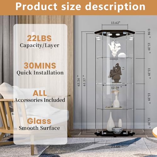 Image of LFT HUIMEI2Y 4-Tier Glass Corner Cabinet with LED&Lock, Display Case Black