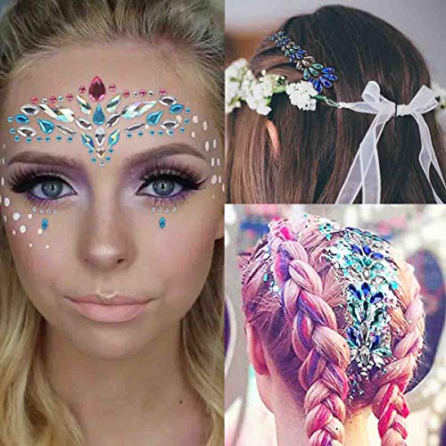 COKOHAPPY 2 Sets Mermaid Face Hair Gems Festival Jewels Temporary Tattoos Self Adhesive Bindi Rhinestone Glitter Sticker Crystal for Eyes Face Body Rave Makeup Party Decoration (Collection 3)