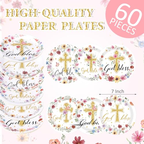 Image of Funnymoom 60 Pcs Baptism Plates Baptism Party Supplies 7 Inch God Bless Floral Paper Plates Decoration for Girls Disposable Flower Party Decoration for Mi Bautizo Christening Confirmation Baby Shower