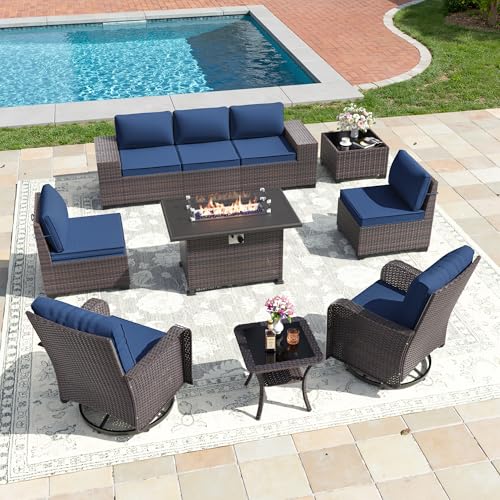 Image of 10 PCS Outdoor Patio Furniture Set,Outdoor Sectional Furniture with 43 inch 55000 BTU Gas Propane Fire Pit Table,PE Rattan Wicker Patio Conversation Set,Swivel Rocking Chairs Set,Navy Blue