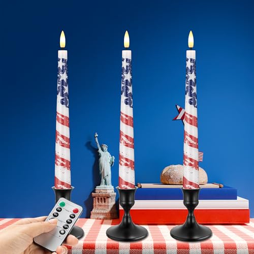 Image of Flameless Patriotic Candles, 9.6 inch Real Wax 4th of July Led Candles with Remote, 3 Pack Flickering Independence Day Flameless candlesticks for Table, Home, Party Decor