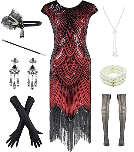 Image of Women 1920s Gatsby Flapper Dress Sexy Open Back Strap Fringed Cocktail Party Dress with 20s Accessories