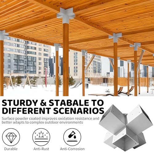 Image of 5-Way Pergola DIY Brackets Kit,Cross-Shaped Woodwork Brackets for 4 inch x 4 inch(Actual:3.5 inchx3.5 inch) Lumber,White Metal Bracket for Patio Pergolas,Gazebos,Log Cabin W /Hardware (1 Pack)