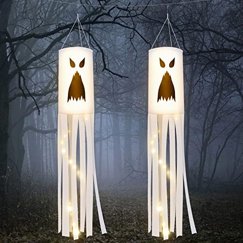 Decoración de Halloween Con Luz LED - 2 Piezas Manga de Viento Fantasma, Bandera Colgante para Patio Delantero, Jardín