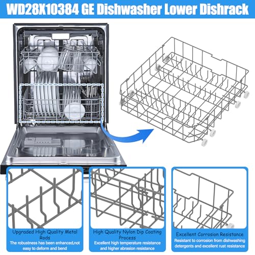 Image of UPGRADED WD28X10384 Lower Rack Compatible with GE Dishwasher Rack Parts,WD28X10384 WD28X10165 WD28X10309 WD28X10166 GLD4560V00SS GLD4500N10BB GE Dishwasher Bottom Rack Replacement Parts with Wheels