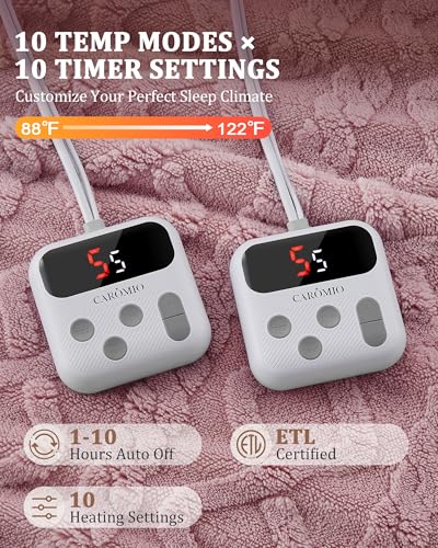 CAROMIO Electric Blanket Queen Size Dual Control - Thick Tufted Sherpa Heated Blanket Queen with 10 Heat Levels and 10 Time Settings, ETL Certified Fast Heating Blanket Queen Size 84"×90", Dusty Pink