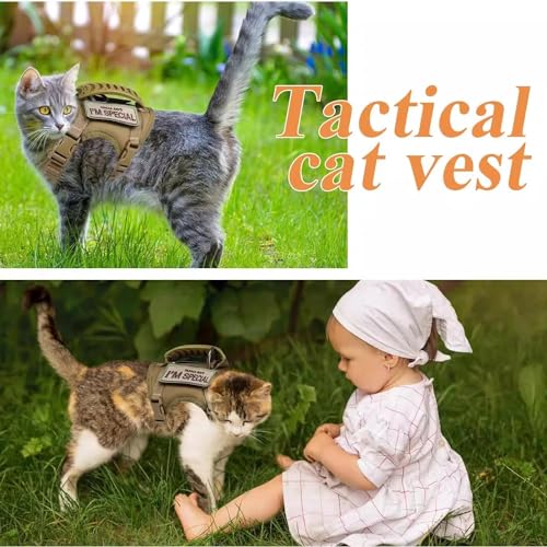 Tactical Cat Harness and Leash Set for Walking Escape Proof Adjustable Large Cat Vest Harness with Patches Soft Mesh Padding Rubber Handle Easy to Control (Khaki Harness & Leash)