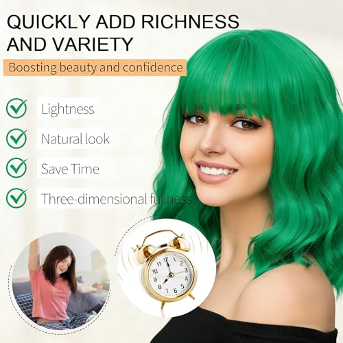 Image of AGO Green Bangs Wig Pastel Bob Wig Shoulder Length Loose Wave Synthetic Hair for Women Girl Synthetic Heat Resistant Fiber for Daily Party Halloween Cosplay Use(G43#Green)