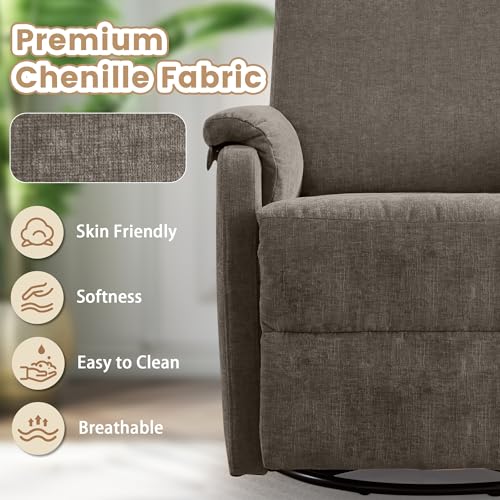 Image of Korser Swivel Rocking Recliner with Massage, Small Glider Chair for Nursery, Modern-Designed Armrests Chair for Adults Living Room, Chenille, Brown