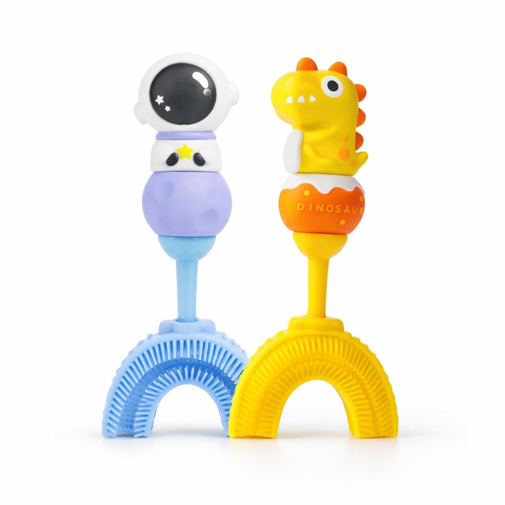 Baby U Shaped Silicone Manual Tooth Brush, Soft & Elastic Bristles, Complete 360 Degree Dental Cleaning, Specially Designed For Toddlers & Children, Food Grade Soft Silicone Brush Head - U Shape Toothbrush (Combo of 2 (Star Explorer, Yellow DIno))-image-25