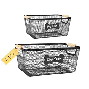 2 Pack Dog Toys Basket,Metal Basket with Wooden Handles for Dog Toys,Mesh Wire Dog Toy Bin Set,Dog Stuff Organization & Storage,Ideal for Dog Collar,Blanket,Toys,Ropes,Snacks-Black