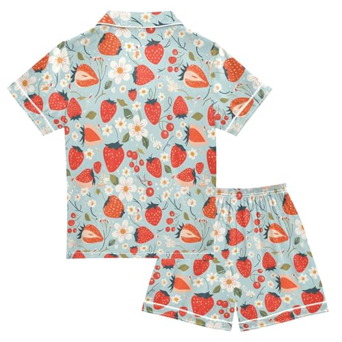ALAZA Strawberry Blossom Blue Satin Pajamas Set Short Sleeve Button Down Sleepwear Summer Pjs 2 Piece2