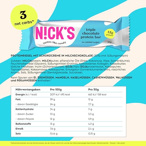 N!CK'S Protein Riegel ohne Zuckerzusatz – Triple Chocolate – 15g Eiweiß 30% – 202 Kalorien – Low Carb Keto Proteinriegel mit Ballaststoffen & Kollagen – Glutenfrei, Gesunde Snack ohne Palmöl 12x50g 2