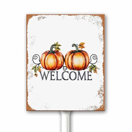 Rustic Pumpkin Welcome Yard Sign with Stake 4.6x6 Inches Fall Outdoor Decor Sign, Thanksgiving Hallaween Yard Sign for Outside Garden Yard Lawn Patio