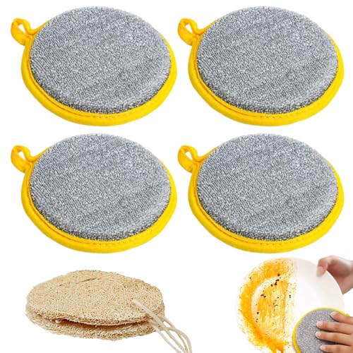 YYMT Juego de 6 esponjas ecológicas, 4 esponjas abrasivas de doble cara y 2 esponjas naturales de luffa, esponjas reutilizables para cocina y baño con fuerte poder de limpieza, también para ollas y