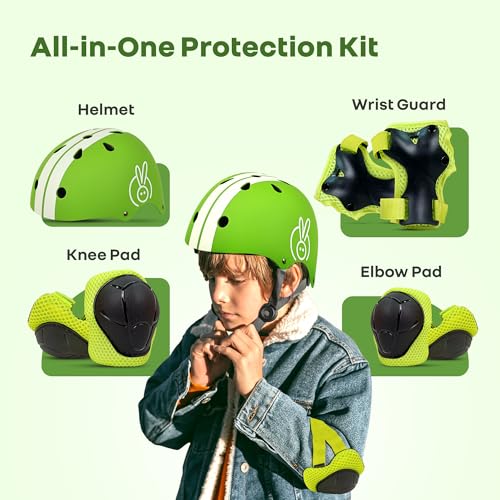 Image of R for Rabbit Safe Play Set for Kids | Helmet with Knee Pads, Elbow Pads & Wrist Guards Safety Certified, Lightweight, Adjustable | Skating, Cycling, Scooter, Age 3-7 Years Boys & Girls (Green Sports)