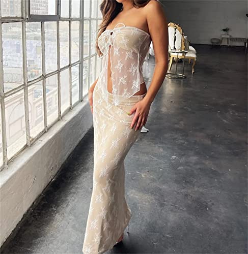 Yuemengxuan Women Going Out Maxi Skirts Set Low Cut Lace Trim Cami Top Crop Top High Waist Bodycon Maxi Skirt 2Pcs Outfits (White-M, M) #TOP1