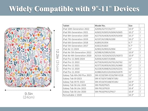 Image of TiMOVO 9-11 inch Tablet Sleeve Bag with Pocket, Flowers | Fits iPad 11 inch A16 2025, iPad 10.9 inch /10.2 inch, Air 11 inch 5th /4th Gen, Galaxy Tab A9+ /A11 Plus 11 inch