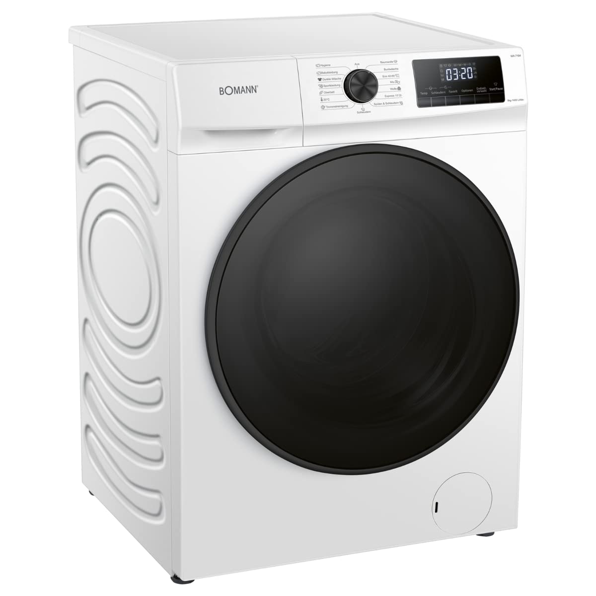 Bomann WA 7194 Waschmaschine, 9kg Fassungsvermögen, 15 Waschprogramme, Schleuder-Umdrehung 1.400 U/min.(max), LED-Display, Kindersicherung, Dampffunktion, Frontlader, Invertermotor, weiß