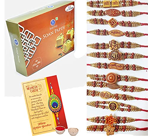 Soanpapdi Sweets Rakhi Combo Gift, Set of 12 Rudraksh Rakhi for Brother Bhabhi kids with Soanpapdi Gift Hamper | Rakhi with Sweets for Brother Gift Pack