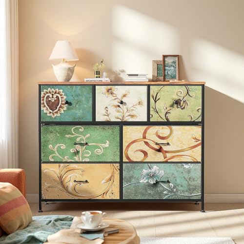 SUNFECILI Cómoda con cajones de tela, cómoda de dormitorio Vintage, aparador, patrón floral retro, cajonera para cocina, oficina, vestíbulo, sala de estar (7 cajones)