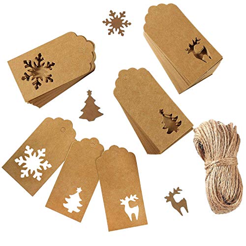 150 Stück Weihnachten Etiketten Anhänger,Kraftpapier Anhänger Etiketten Geschenkanhänger mit Schnur 20M für Weihnachten Geschenke zum Handgemachte Arbeit Cover