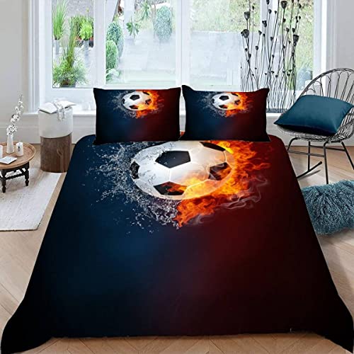 Juego de ropa de cama con diseño de fútbol 3D, tamaño doble, funda de edredón de microfibra suave con cremallera, diseño personalizado, 3 piezas, antialérgico, opción de cama doble pequeña