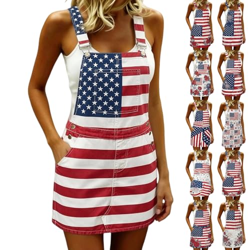 LVOFTJU 4th Of July Dresses For Women American Flag Overalls Women 4th Of July Overall Woman USA Patriotic Rompers Red White And Blue Dress Festival Jumpsuits Work Bibs Outfits Red L