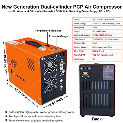 Spritech Ve3 Pcp Air Compressor,Auto-Stop 4500Psi/30Mpa Oil/Water-Free Air Gun And Paintball Tank Pump With Water/Oil Separator,Built-In Power Adapter(110V Ac Or 12V Car Battery) #TOP5