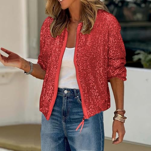 Women's Sequin Bomber Jacket Long Sleeve Zip Up Sparkly Glitter Shiny Party Coat Ladies Casual Holiday Outwear2