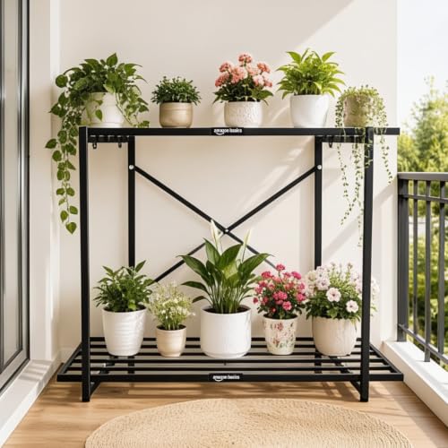 Image of Amazon Basics Heavy Duty 2-Tier Plant Stand | Rust-Resistant Powder Coated Finish | Multipurpose Shelves | Reinforced X-Frame Stability | Indoor & Outdoor Use | Balcony, Garden & Living Room | Black